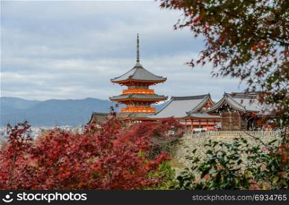 Stunning autumn color scenery of Kiyomizu-dera Temple in Kyoto, Japan