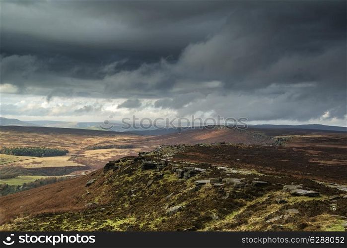 Stunning Autumn Fall landscape of Hope Valley from Stanage Edge in Peak District