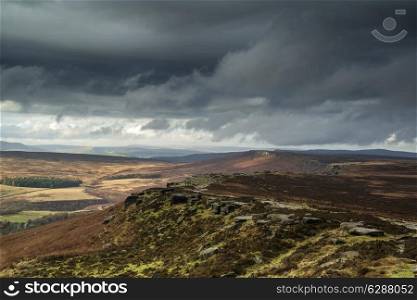Stunning Autumn Fall landscape of Hope Valley from Stanage Edge in Peak District