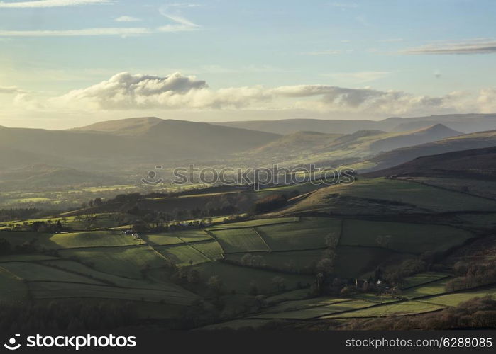 Stunning Autumn Fall landscape of Hope Valley from Stanage Edge in Peak District