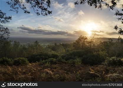 Stunning Autumn Fall sunset over forest landscape with moody dramatic sky