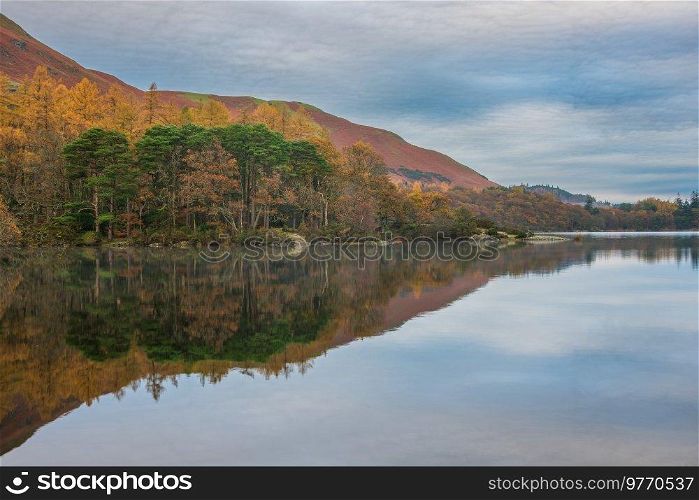 Stunning Autumn landscape sunrise image looking towards Catbells from Manesty Park in Lake District with mist rolling across the landscape