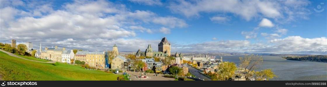 Stunning autumn panoramic view of Old Quebec City with Fairmont Le Chateau Frontenac  and Saint Lawrence river in Quebec, Canada