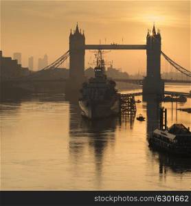 Stunning Autumn sunrise over River Thames and Tower Bridge in London