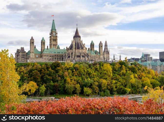 Stunning autumn view of Parliament Buildings and Library in Ottawa, Canada