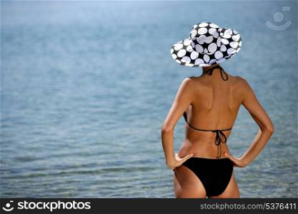 Stunning brunette in bikini looking into the horizon