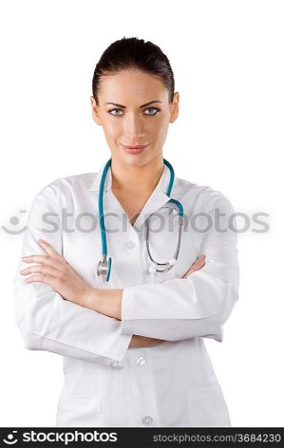 stunning brunette in white gown as a medical doctor with stethoscope