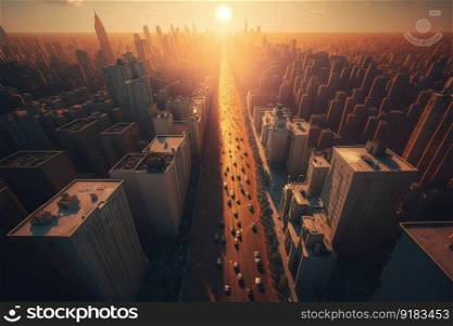 stunning cityscape with tall buildings against backdrop of setting sun aerial view of busy city street, created with generative ai. stunning cityscape with tall buildings against backdrop of setting sun aerial view of busy city street