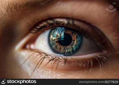 Stunning close-up of a woman’s eye in beautiful blue color. Macro view of the pupil and iris with focus on the optical anatomy. Perfect for ophthalmology and beauty photography. AI Generative.