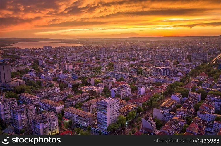 Stunning colorful clouds over the city. Varna, Bulgaria