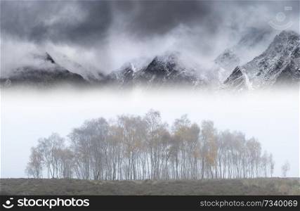 Stunning epic landscape image in Autumn with foggy trees in front of draamtic mountain ridgeline in background