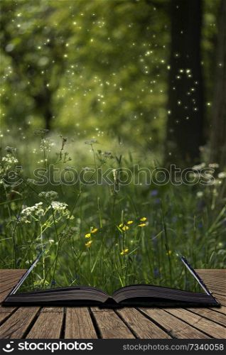 Stunning fantasy style landscape image of fireflies glowing in night time forest scene coming out of pages of open story book