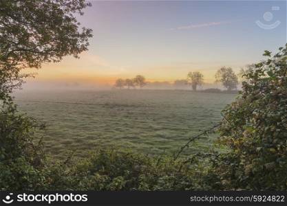 Stunning foggyAutumn sunrise English countryside landscape image