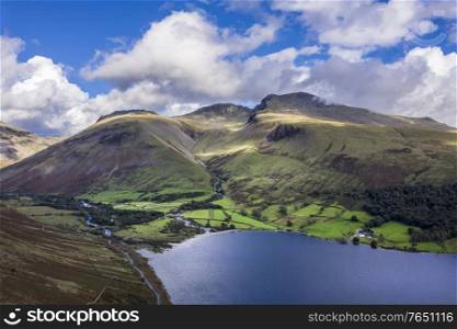 Stunning high point of view from flying drone over Lake District landscape in late Summer, in Wast Water valley with mountain views