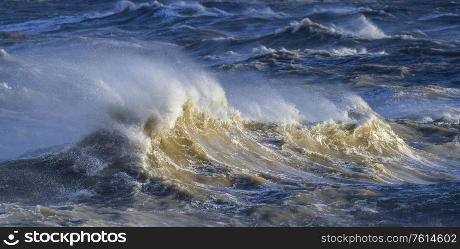 Stunning image of individual wave breaking and cresting during violent windy storm with superb wave detail