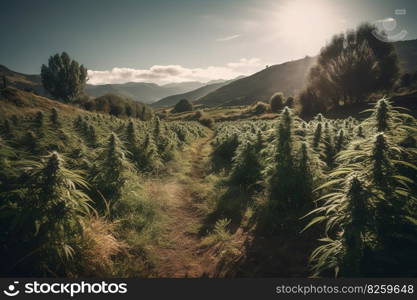Stunning landscape photos featuring cannabis plants. Fields of cannabis plants with mountains in the background. These images be used to showcase the beauty of cannabis cultivation. Generative AI