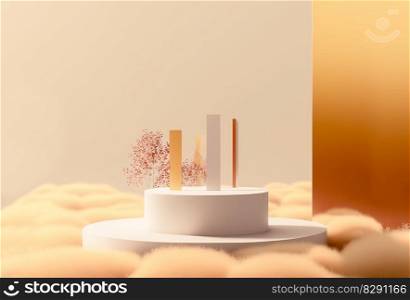 Stunning landscape scene with podium product display as beige background. Stunning landscape scene with podium product display as beige background AI Generated