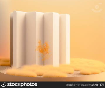 Stunning landscape scene with podium product display as beige background. Stunning landscape scene with podium product display as beige background AI Generated