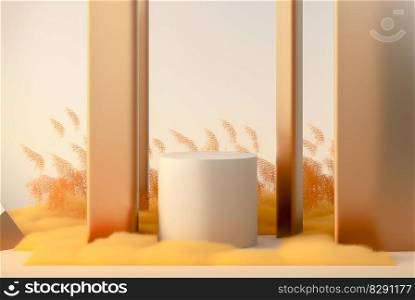 Stunning landscape scene with podium product display as beige background. Stunning landscape scene with podium product display as beige background AI Generated