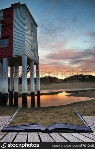 Stunning landscape sunrise stilt lighthouse on beach conceptual book image