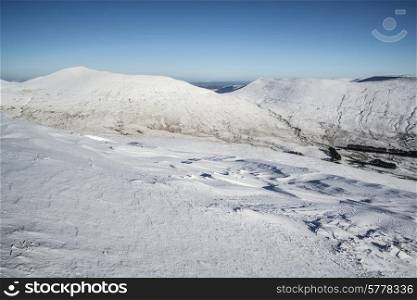 Stunning landscape views from top of deep snow covered mountains in Winter