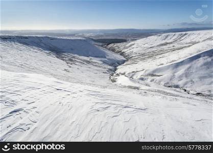 Stunning landscape views from top of deep snow covered mountains in Winter