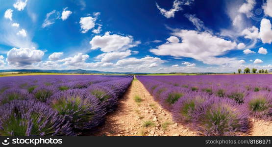 Stunning landscape with lavender field on sunny day. Generative AI.. Stunning landscape with lavender field on sunny day. Generative AI