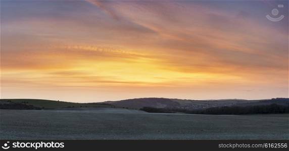 Stunning large panorama landscape of susnet over countryside