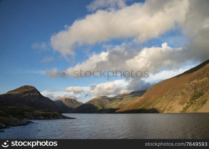 Stunning late Summer landscape image of Wasdale Valley in Lake District, looking towards Scafell Pike, Great Gable and Kirk Fell mountain range