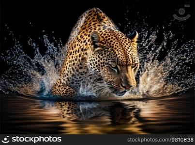 Stunning leopard in motion going through water on a black background. Generative AI