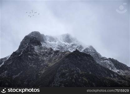 Stunning moody dramatic Winter landscape mountain image of snowcapped Y Garn in Snowdonia with birds flying high above