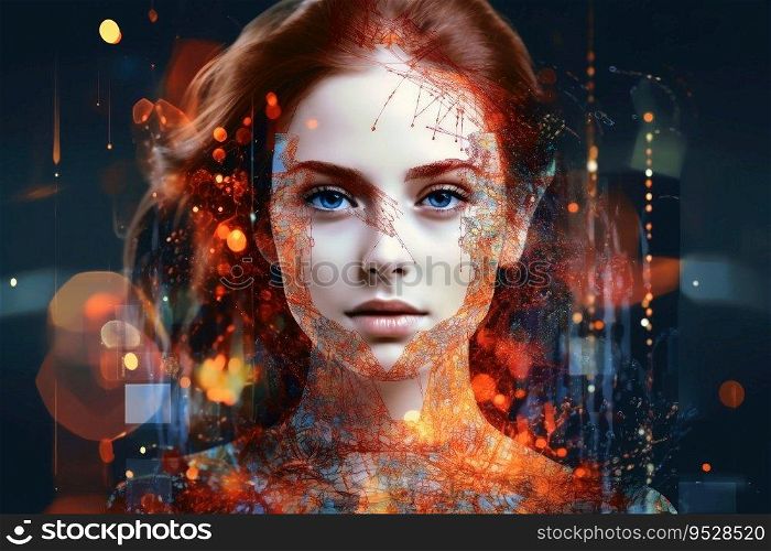 Stunning portrait of a futuristic womans face created with generative AI technology
