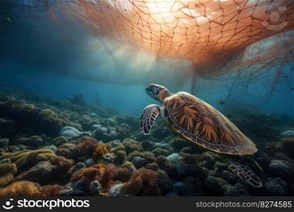 Stunning sea turtle glides through the ocean, showcasing the beauty of marine life. The image highlights the need for environmental conservation and sustainable practices. AI Generative. 