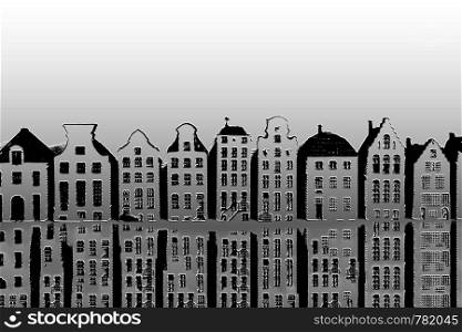 Stunning skyline of historic buildings black and white background close-up. Stunning skyline of historic buildings black and white background