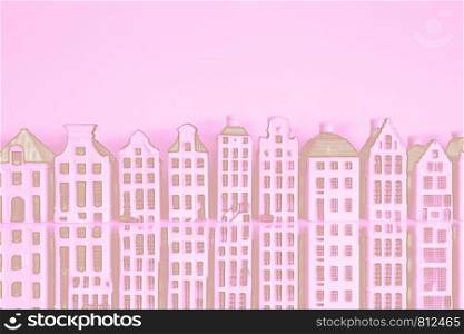 Stunning skyline of historic buildings pink background close-up. Stunning skyline of historic buildings Pink background