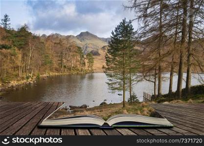 Stunning sunrise landscape image of Blea Tarn in UK Lake District coming out of pages in story book