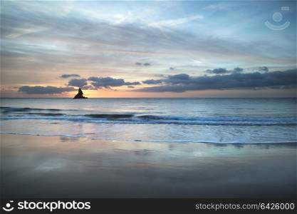 Stunning sunrise landsdcape of idyllic Broadhaven Bay beach on Pembrokeshire Coast in Wales