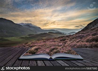 Stunning sunrise mountain landscape with vibrant colors and beautiful cloud formations conceptual book image