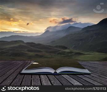Stunning sunrise mountain landscape with vibrant colors and beautiful cloud formations conceptual book image