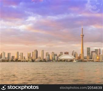 Stunning sunset view of Toronto downtown cityscape in Ontario, Canada