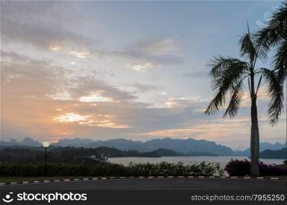 Stunning twilight view of Limestone mountains and lake in Khao Sok National Park, Surat Thani Province, Thailand