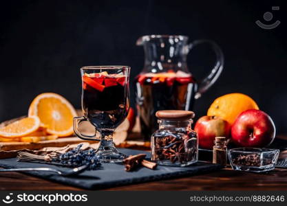 Stunning view of hot mulled wine with honey, fruits and spices. Fragrant atmosphere of Christmas winter holiday. Glass with cinnamon and orange on table.High quality. Stunning view of hot mulled wine with honey, fruits and spices.