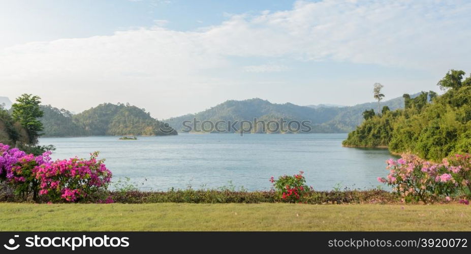 Stunning view of Limestone mountains and lake in Khao Sok National Park, Surat Thani Province, Thailand