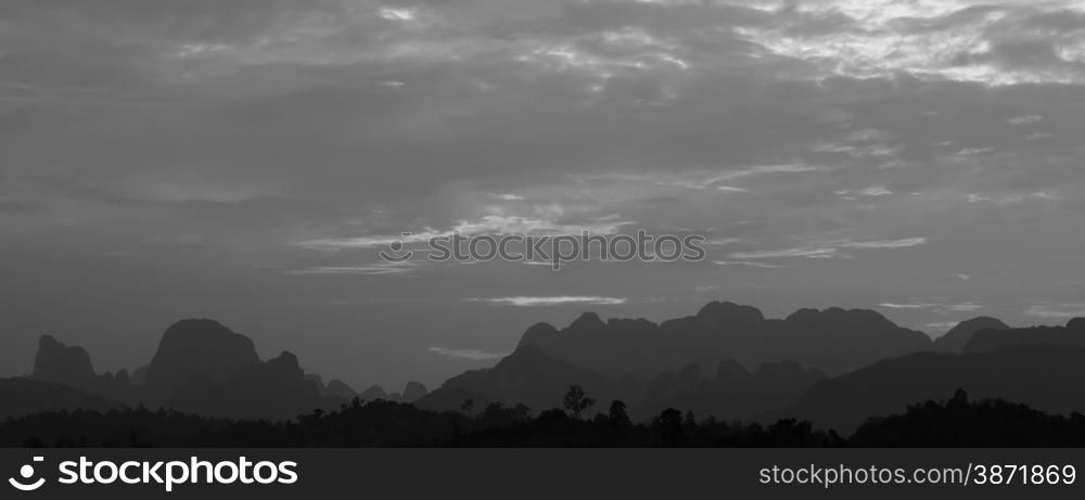 Stunning view of Limestone mountains in Khao Sok National Park, Surat Thani Province, Thailand. Black and white color.