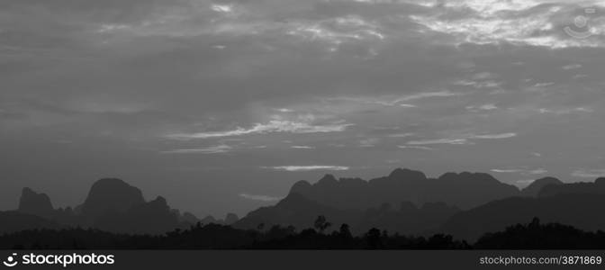 Stunning view of Limestone mountains in Khao Sok National Park, Surat Thani Province, Thailand. Black and white color.