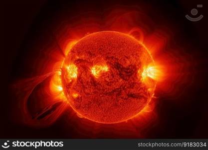 stunning view of the sun, with solar flares and coronal mass ejections in full force, created with generative ai. stunning view of the sun, with solar flares and coronal mass ejections in full force