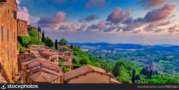 Stunning view of the Tuscan hilltop village of Montepulciano, Italy on a sunny day