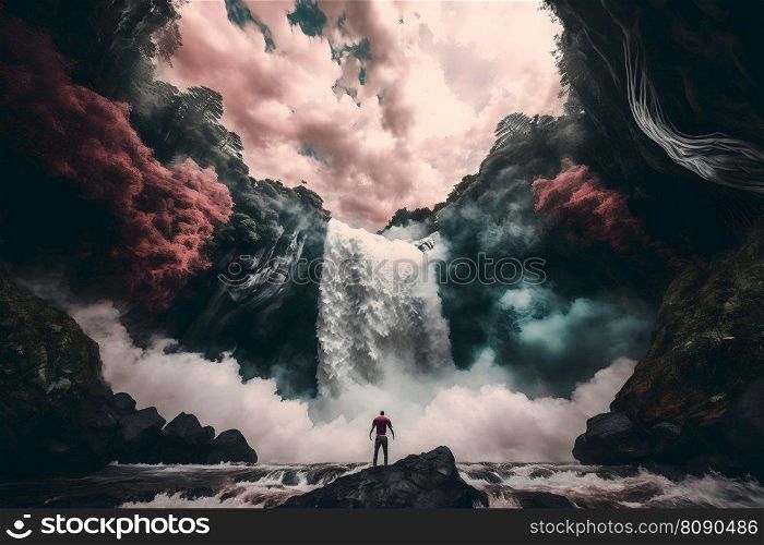 Stunning waterfall in alternate surreal colored landscape. Neural network AI generated. Stunning waterfall in alternate surreal colored landscape. Neural network AI generated art