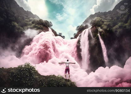 Stunning waterfall in alternate surreal colored landscape. Neural network AI generated. Stunning waterfall in alternate surreal colored landscape. Neural network AI generated art