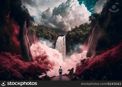 Stunning waterfall in alternate surreal colored landscape. Neural network AI generated. Stunning waterfall in alternate surreal colored landscape. Neural network AI generated art